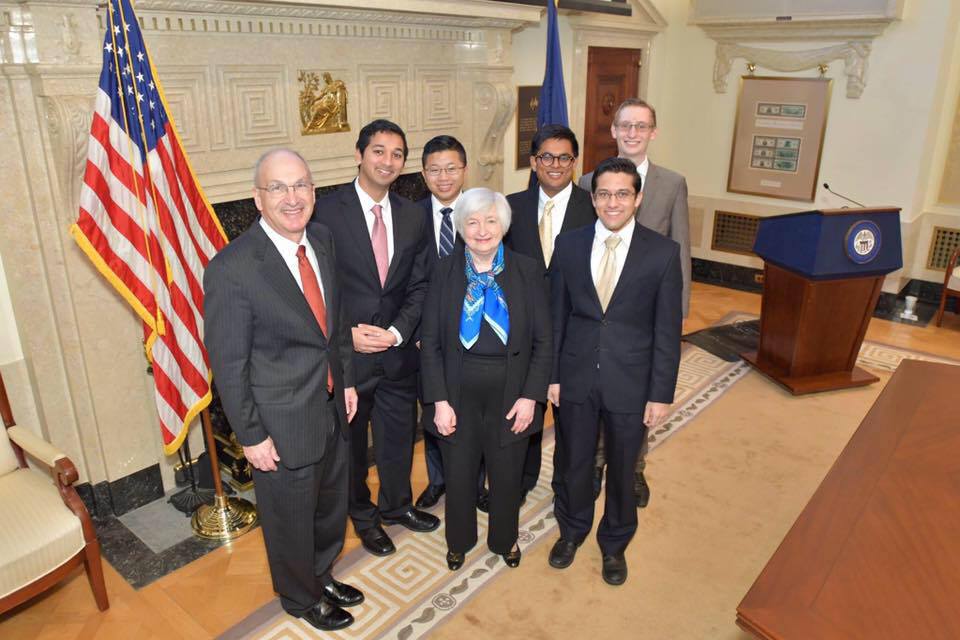 The 2016 Rutgers College Fed Challenge team with Janet Yellen